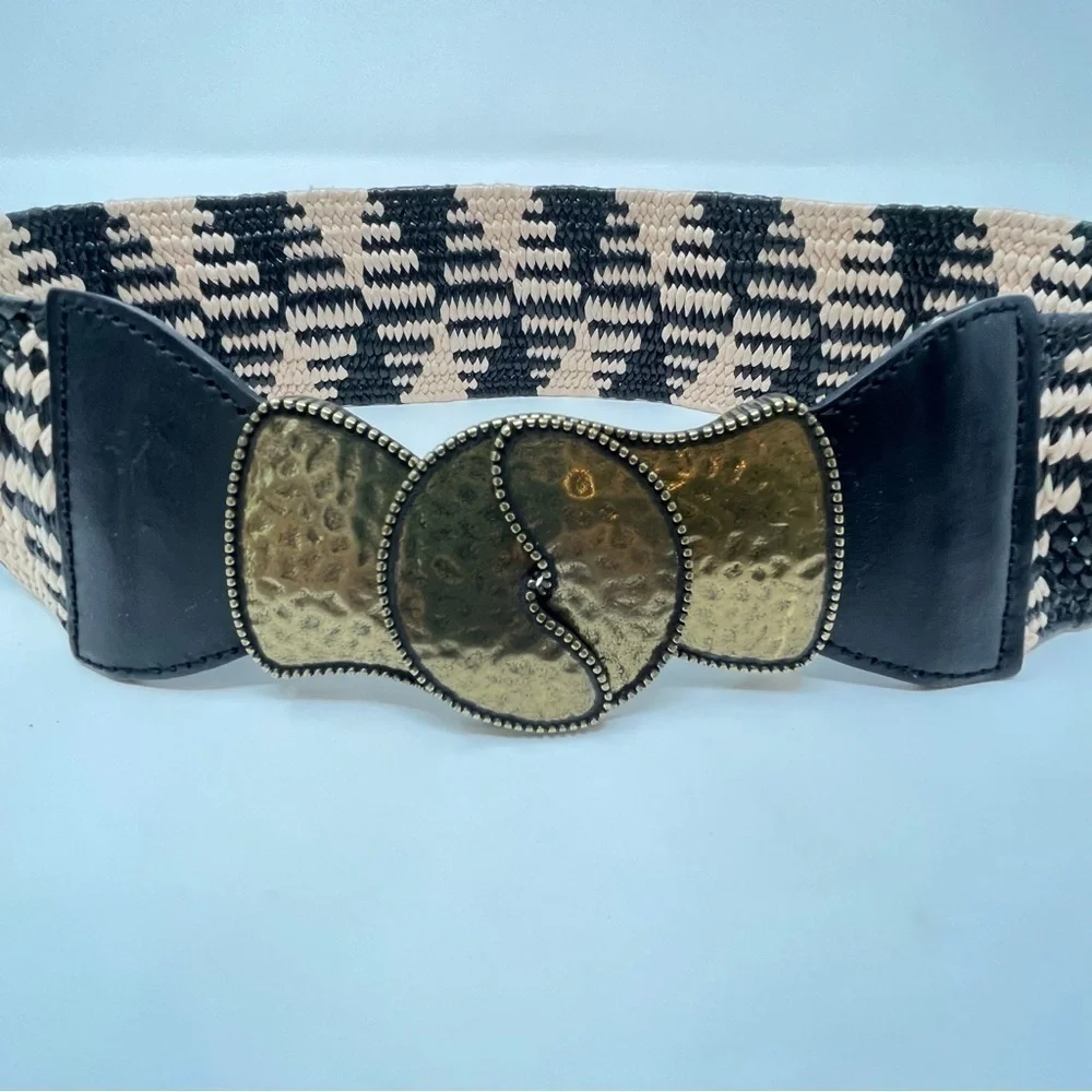 Vintage Wearable Art Boho Brass, Black‎ & Cream Woven & Leather Statement Belt